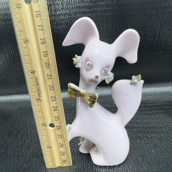 Thames Pink Ceramic Poodle Figurines Gold Bows Rhinestone Eyes Spaghetti Set 3 - Picture 3 of 15